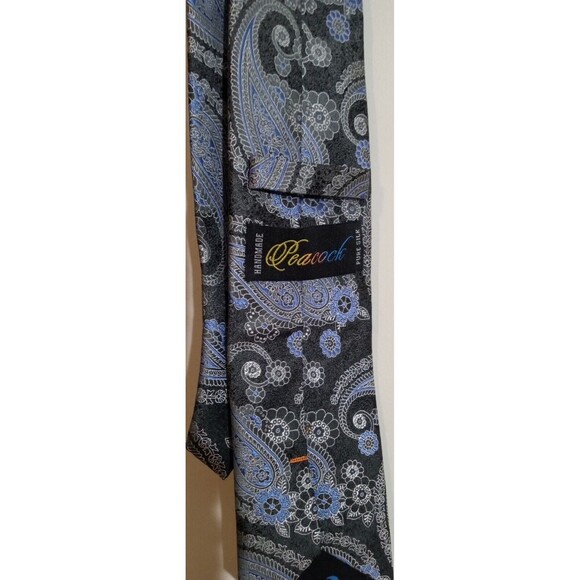 Peacock Men's Tie Handmade Pure Silk Blue/Silver Paisley Print Elegant, LNC Nice - Picture 3 of 3